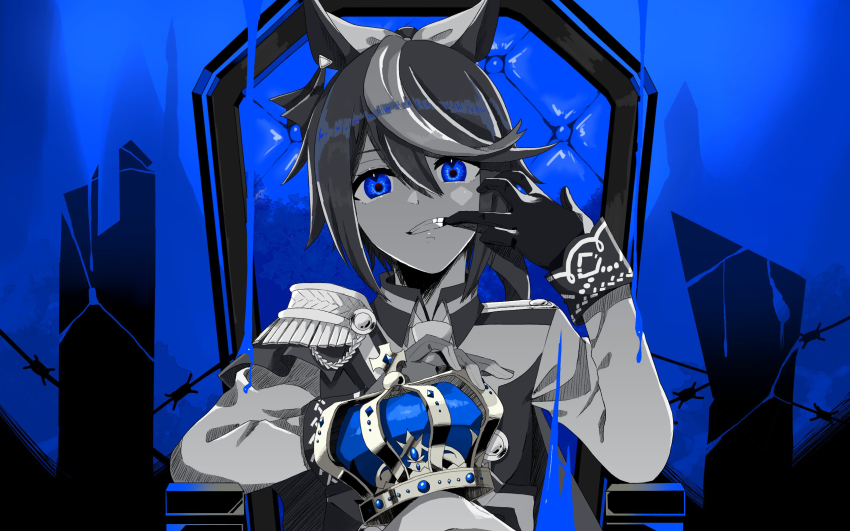 1girl, ainoshima_ringo, animal_ears, ascot, asymmetrical_gloves, biting, biting_finger, blue_background