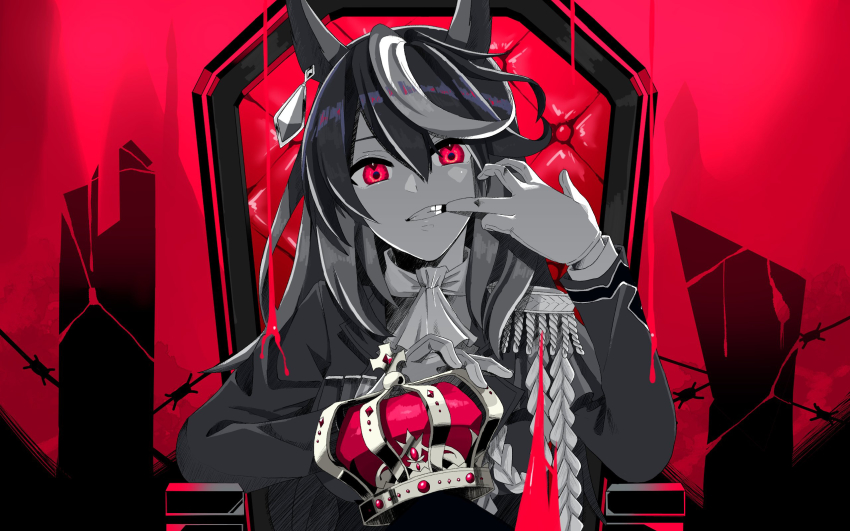 1girl, aiguillette, ainoshima_ringo, animal_ears, ascot, biting, biting_finger, commentary