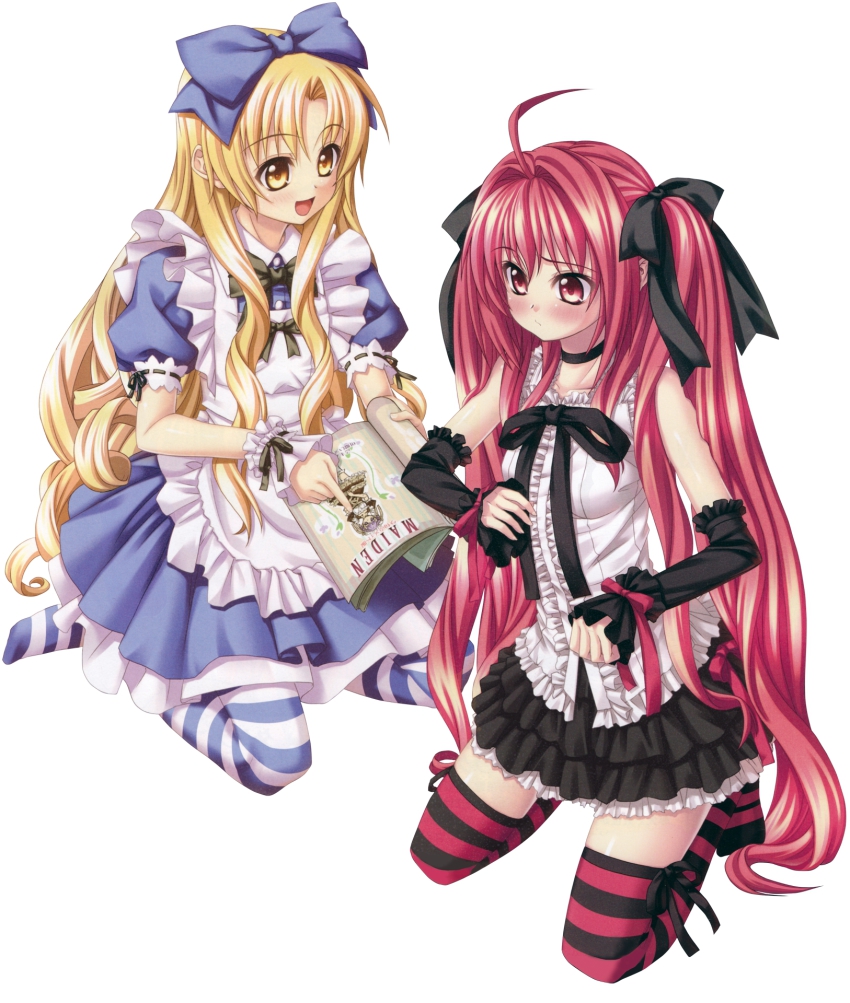 00s, 2girls, :d, ahoge, apron, blonde_hair, blue_pantyhose, blush