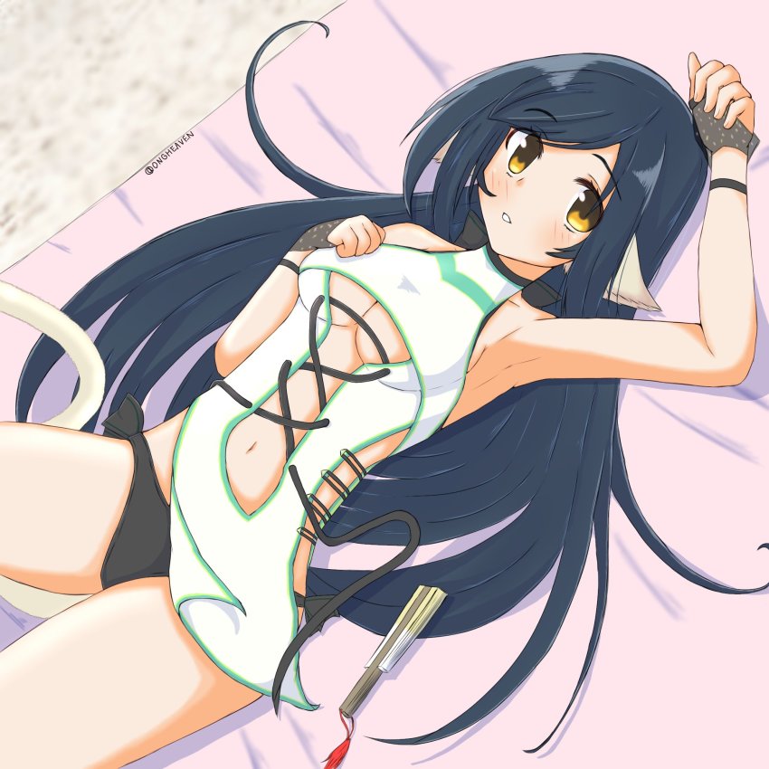 1girl, animal_ears, aquaplus, bare_legs, bare_shoulders, black_panties, blush, bracelet