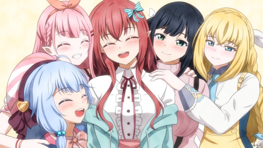 5girls, ^_^, amano_nene_(vtuber), bad_id, bad_twitter_id, beret, black_hair, blonde_hair