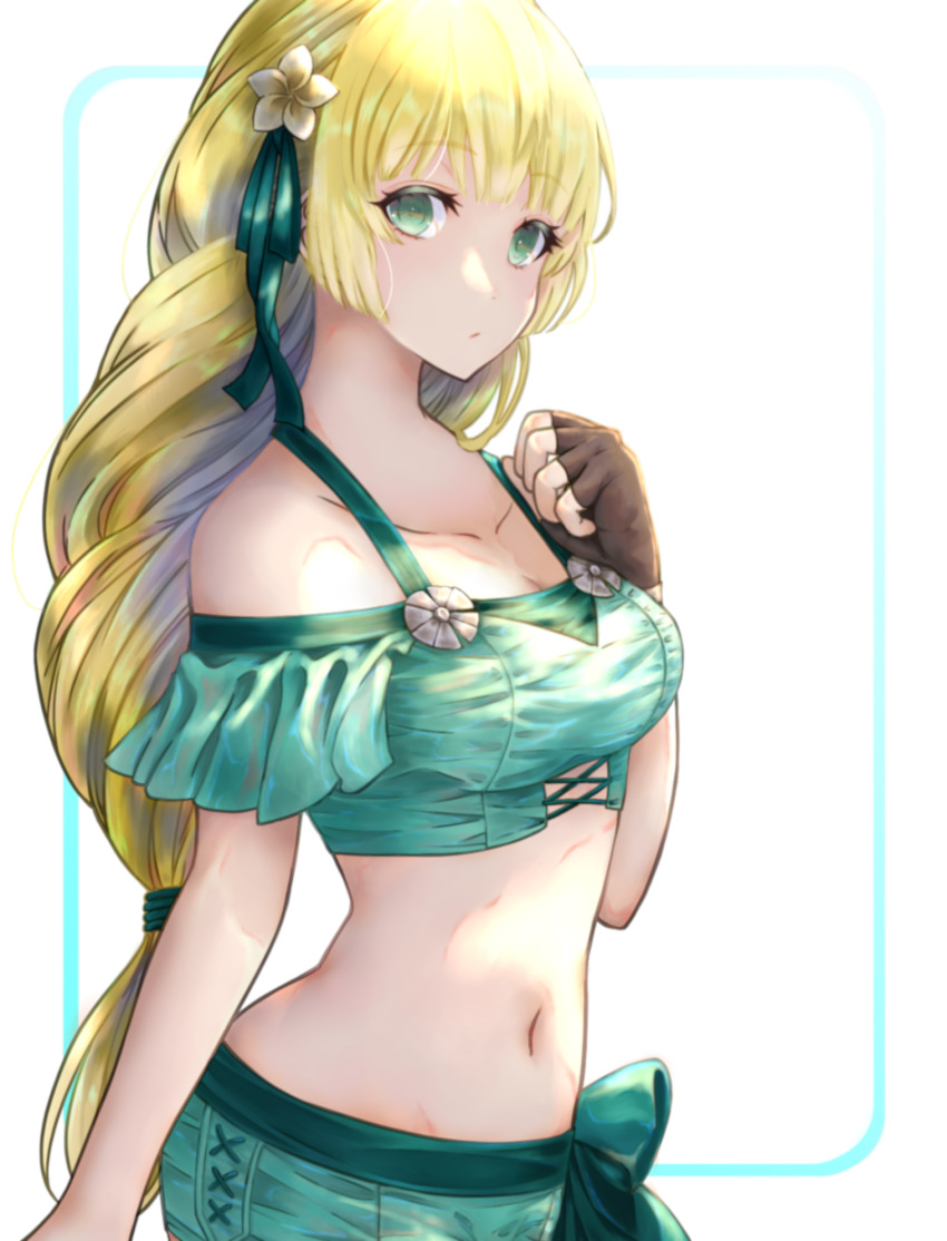 1girl, alternate_costume, bare_shoulders, bikini, black_gloves, blonde_hair, breasts, commentary