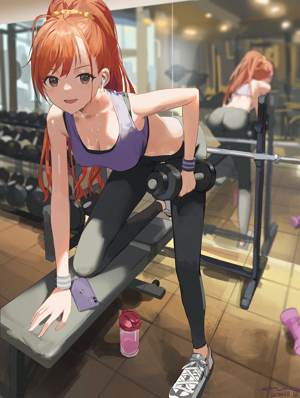 1girl, ahoge, arisugawa_natsuha, ass, bad_id, bad_pixiv_id, breasts, brown_eyes, cleavage, dumbbell, fitness_gym, highres, holding, idolmaster, idolmaster_shiny_colors, indoors, long_hair, looking_at_viewer, mirror, open_mouth, orange_hair, pants, ponytail, reflection, smile, solo, sports_bra, spung, sweat, yoga_pants