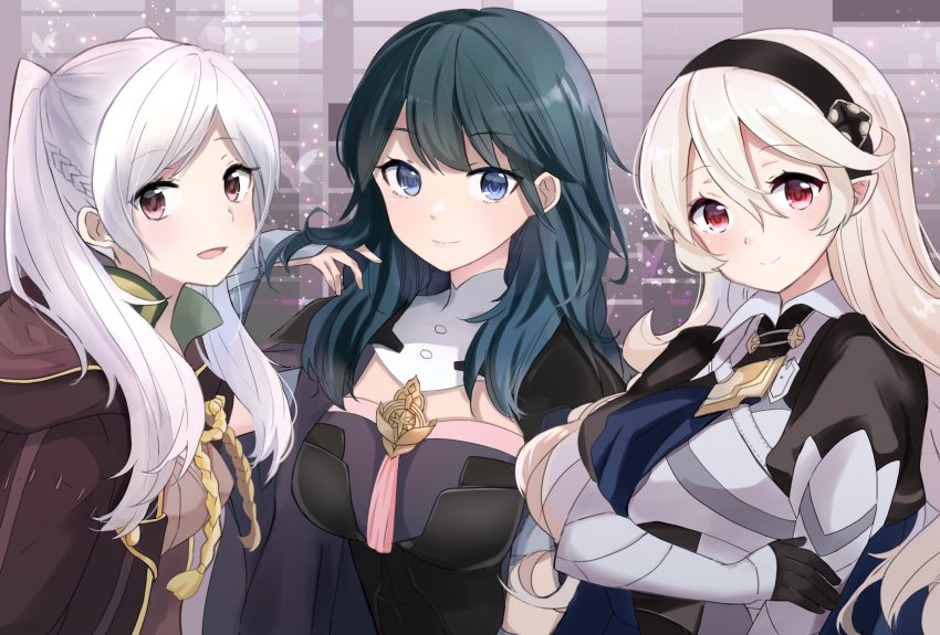 3girls, armlet, armor, armored_dress, black_armor, black_cape, black_gloves, black_hairband, blue_eyes, blue_hair, blush, braid, breasts, brown_robe, cape, closed_mouth, detached_collar, dress, female_byleth_(fire_emblem), female_corrin_(fire_emblem), female_robin_(fire_emblem), fire_emblem, fire_emblem:_three_houses, fire_emblem_awakening, fire_emblem_fates, fire_emblem_heroes, gloves, hair_between_eyes, hairband, half_up_braid, hand_in_own_hair, highres, hood, hood_down, hooded_robe, jewelry, juliet_sleeves, lips, long_hair, long_sleeves, looking_at_viewer, medium_breasts, multiple_girls, nintendo, open_mouth, pink_eyes, pointy_ears, puffy_sleeves, puni_y_y, red_eyes, robe, smile, trait_connection, twintails, upper_body, white_hair