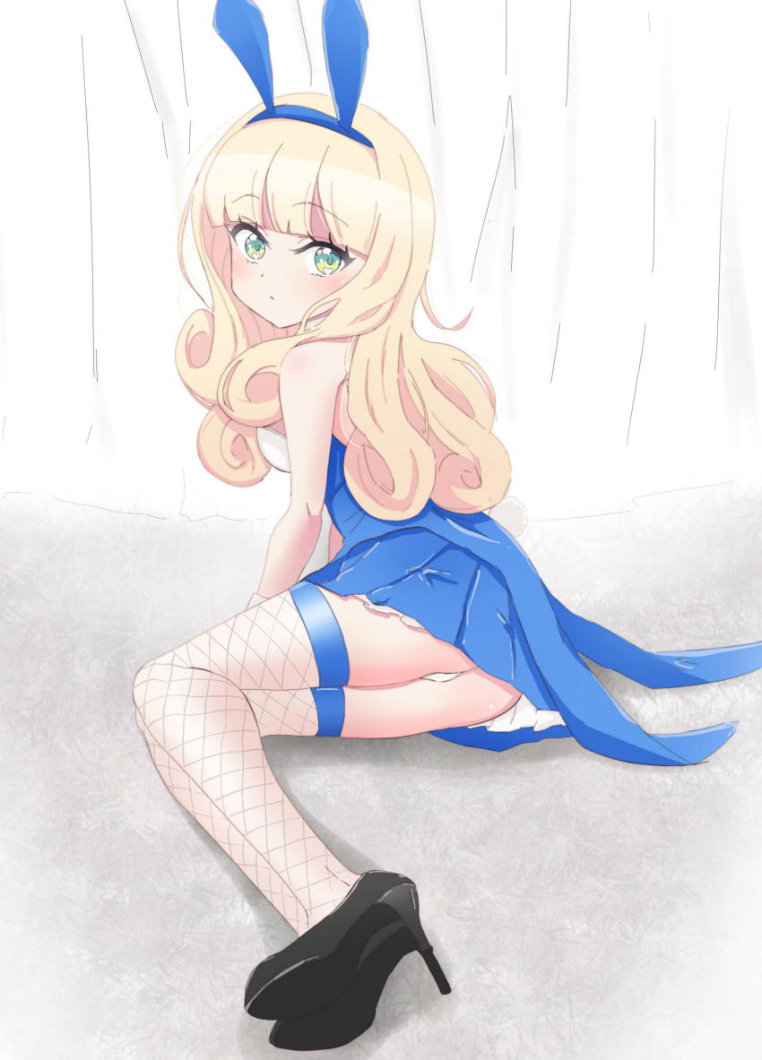1girl, animal_ears, ass, blonde_hair, blue_skirt, blush, breasts, fake_animal_ears