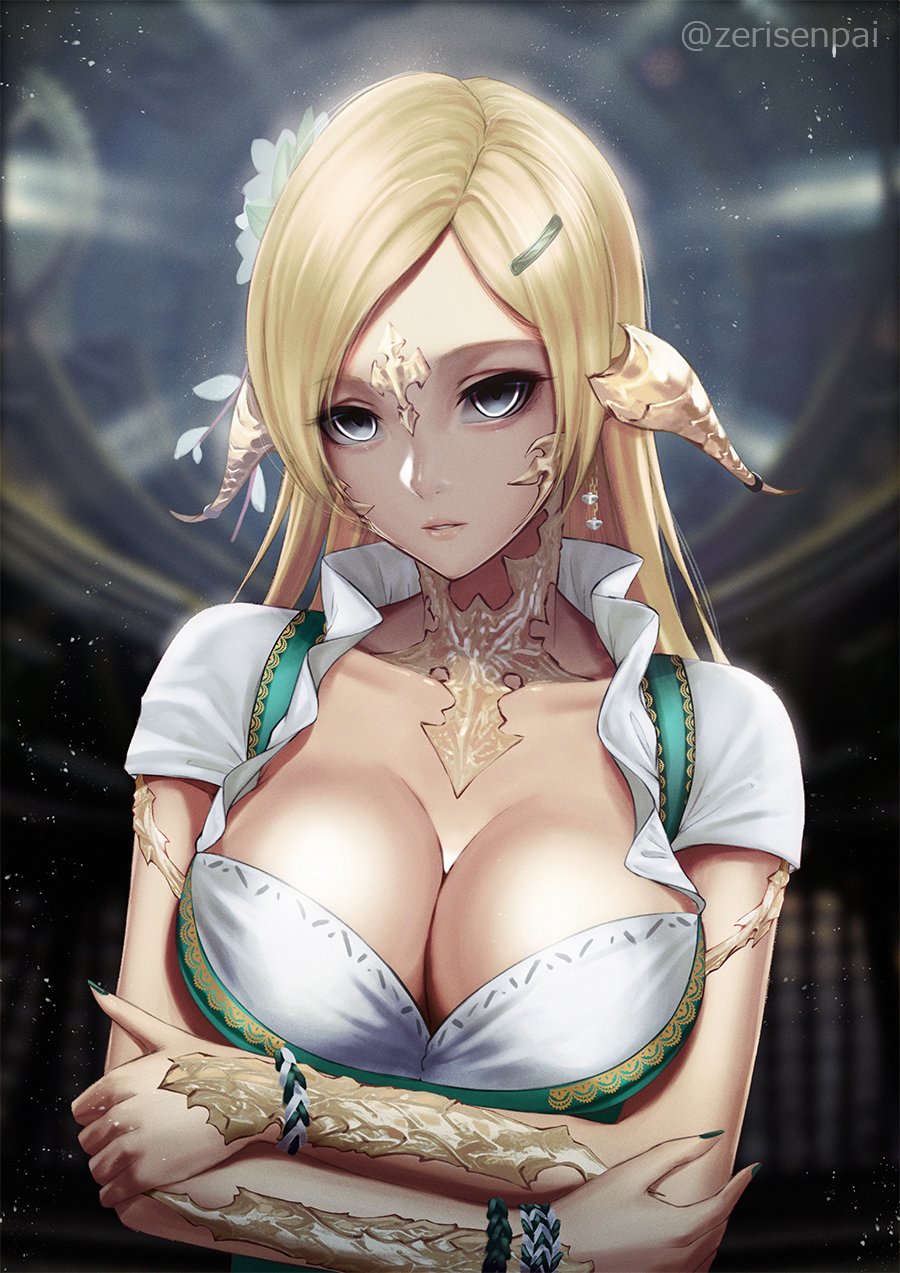 1girl, au_ra, warrior_of_light_(ff14), black_eyes, blonde_hair, blurry, blurry_background, bracelet