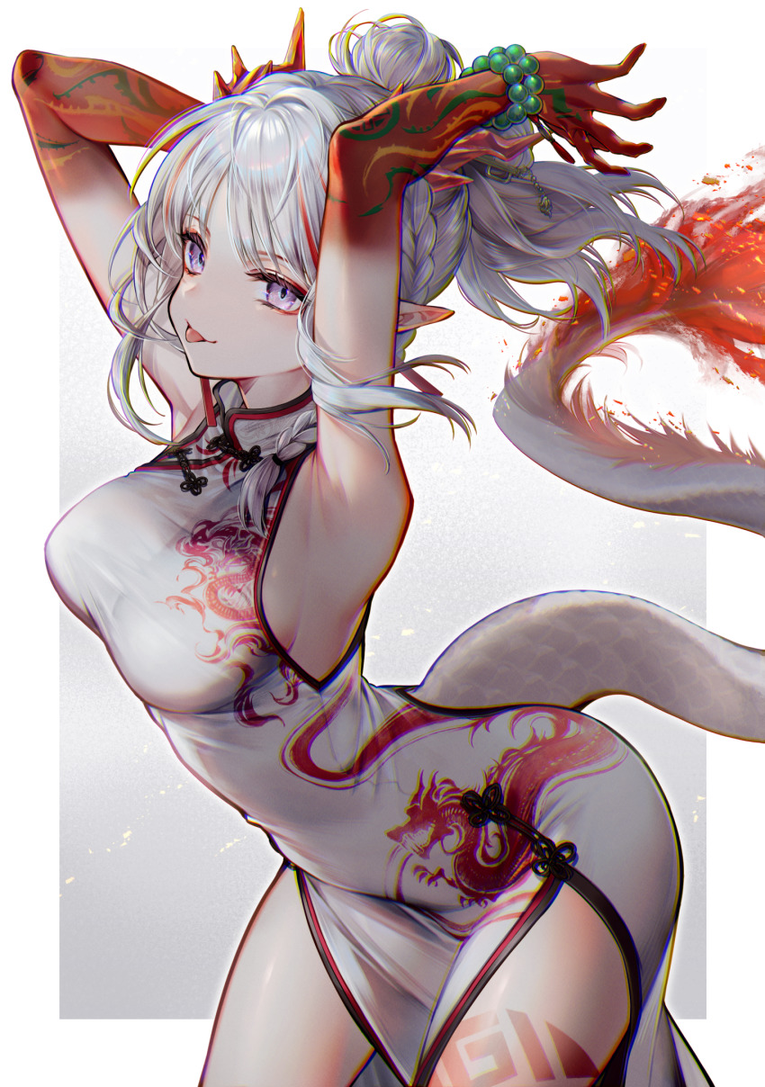 1girl, arknights, arm_tattoo, arms_up, bead_bracelet, beads, bracelet, braid, breasts, china_dress, chinese_clothes, colored_skin, commentary_request, cowboy_shot, dragon_girl, dragon_horns, dragon_tail, dress, fire, flame-tipped_tail, hair_bun, hair_ornament, highres, horns, jewelry, large_breasts, leg_tattoo, multicolored_hair, nian_(arknights), nian_(unfettered_freedom)_(arknights), official_alternate_costume, pointy_ears, purple_eyes, red_hair, red_skin, sideboob, simple_background, single_hair_bun, sleeveless, sleeveless_dress, solo, streaked_hair, tail, tarutaru_yamaoka, tattoo, tongue, tongue_out, white_dress, white_hair