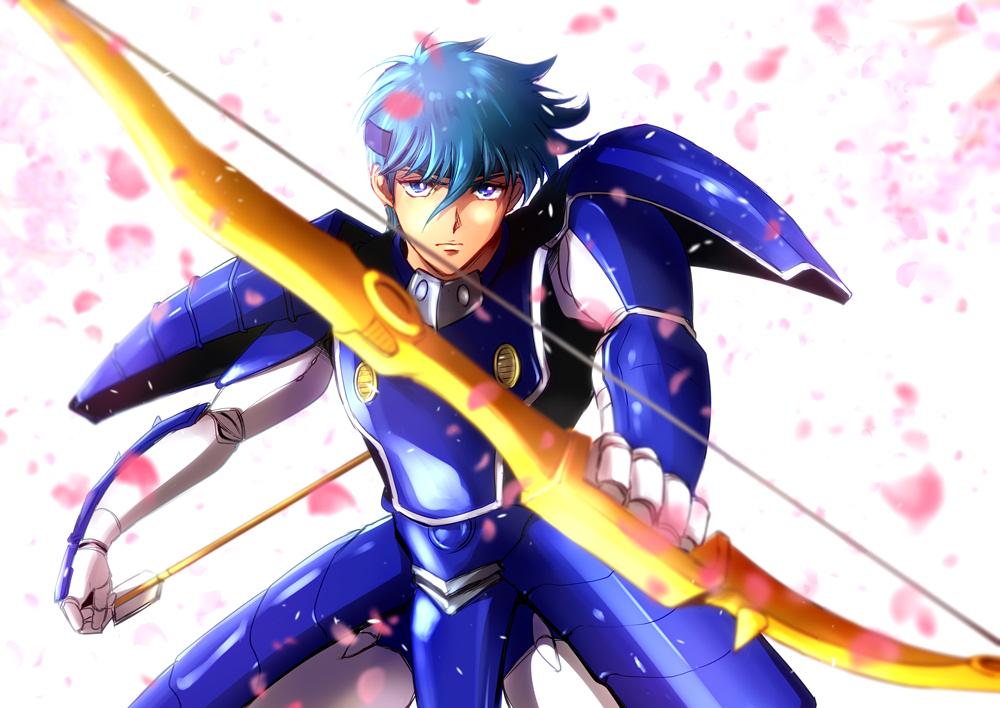 1boy, anrinu, armor, arrow_(projectile), blue_hair, bow_(weapon), expressionless, hashiba_touma