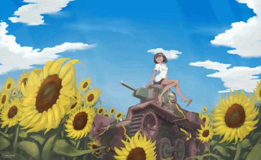 1girl, ^_^, artist_name, aung_(girls_und_panzer), blue_sky, breasts, brown_hair, closed_eyes, cloud, facepaint, field, flower, flower_field, g0urmand, girls_und_panzer, girls_und_panzer_ribbon_no_musha, military, military_vehicle, motor_vehicle, shirt, shoe_dangle, short_hair, sky, small_breasts, smile, solo, sunflower, sunflower_field, tan, tank, twitter_username, vehicle_request, white_shirt