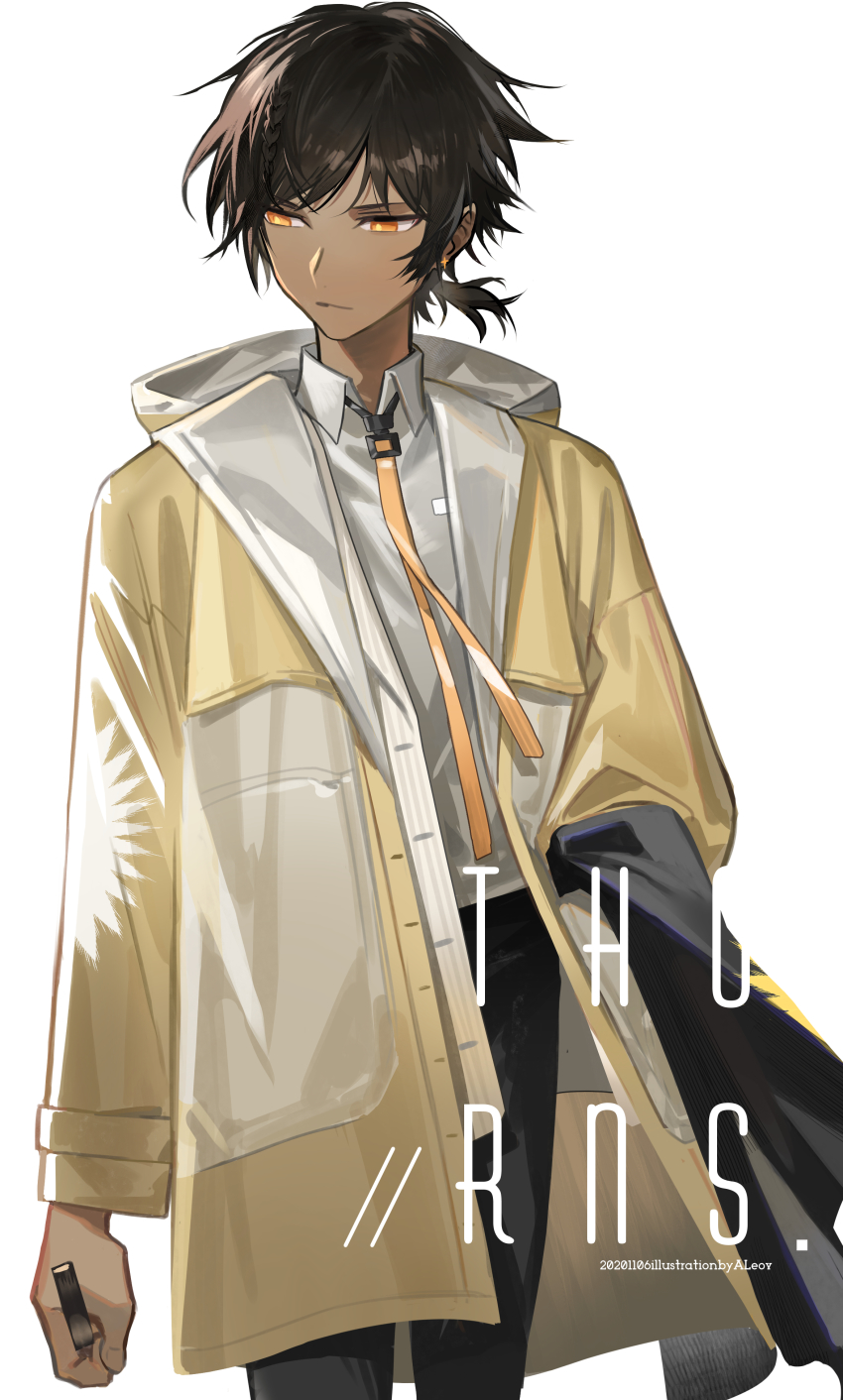 1boy, absurdres, aleo, arknights, artist_name, black_hair, black_pants, brown_coat