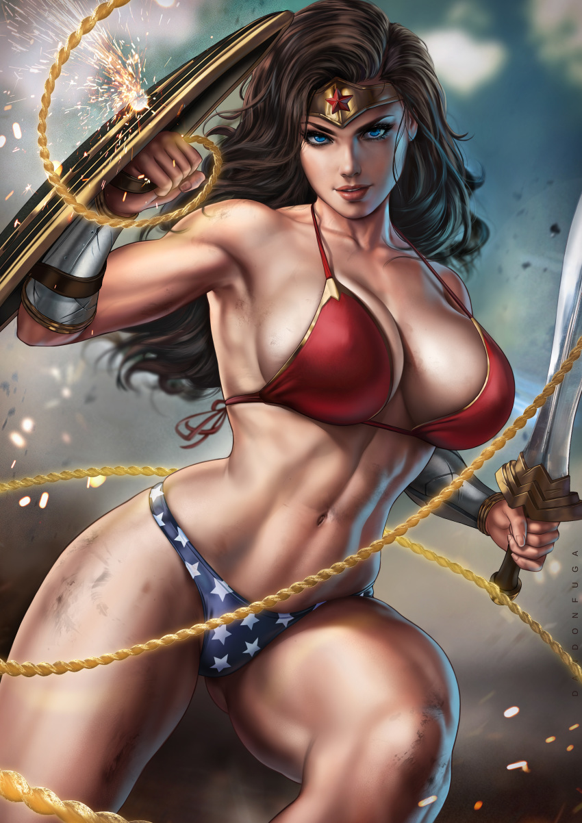 1girl, abs, absurdly_long_hair, absurdres, alternate_costume, american_flag_cloak, bare_shoulders, bikini