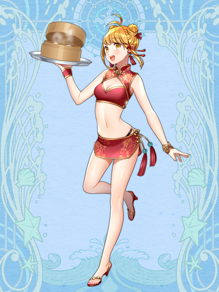 1girl, :d, ahoge, bamboo_steamer, blonde_hair, blue_background, bracelet, breasts