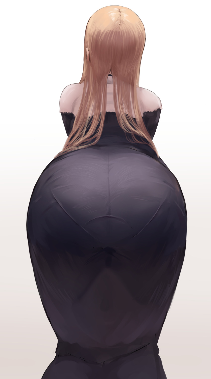 1girl, absurdres, ass, ass_focus, blonde_hair, highres, kneeling, long_hair, nijisanji, nun, pantylines, simple_background, sister_claire, sister_claire_(1st_costume), solo, very_long_hair, virtual_youtuber, wasabi_sushi, white_background