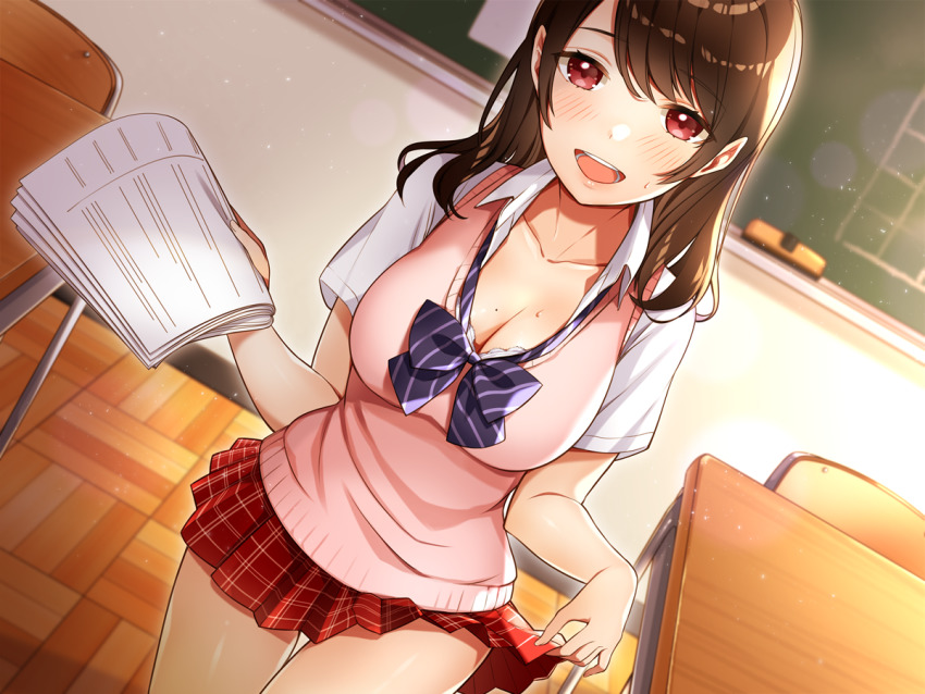 1girl, :d, black_hair, blue_bow, board_eraser, bow, breasts, brown_hair, chalkboard, classroom, cleavage, commission, desk, dutch_angle, holding, holding_paper, indoors, large_breasts, lifting_own_clothes, looking_at_viewer, maruyama_hari, mole, mole_on_breast, open_mouth, original, paper, plaid_clothes, plaid_skirt, red_eyes, red_skirt, school_desk, short_sleeves, skirt, smile, sweat, uniform