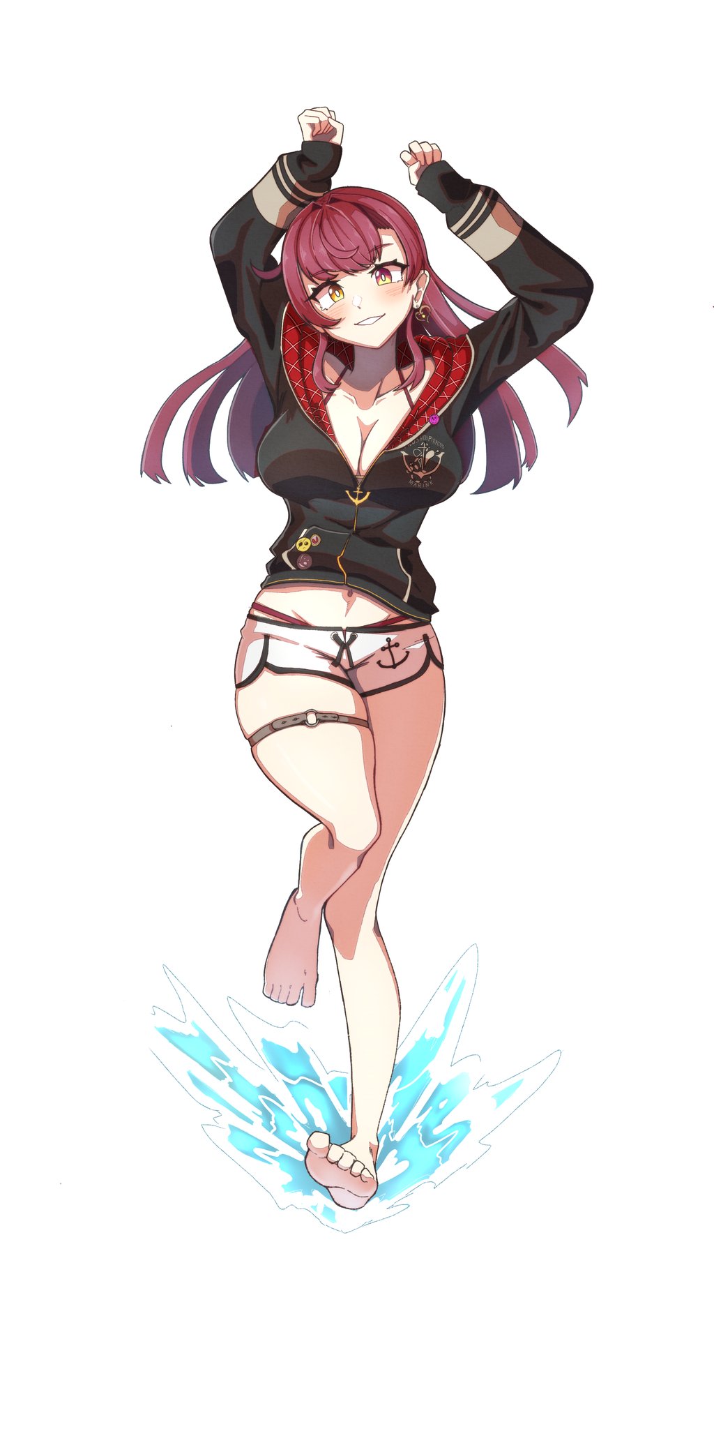 1girl, arms_up, bikini, bikini_under_clothes, blush, breasts, dolphin_shorts, drawstring, earrings, field_ration, groin, heart, heart_earrings, highres, hololive, hood, hoodie, houshou_marine, houshou_marine_(summer), jewelry, lakart, large_breasts, long_hair, long_sleeves, looking_at_viewer, midriff, navel, o-ring, o-ring_thigh_strap, purple_hair, red_bikini, running, shorts, skindentation, sleeves_past_wrists, smile, solo, swimsuit, thigh_strap, virtual_youtuber, yellow_eyes