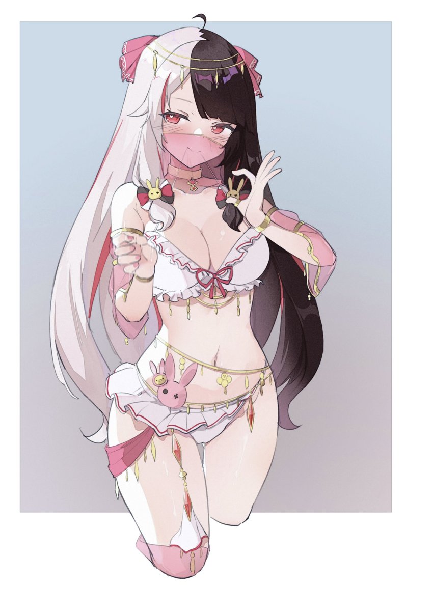 1girl, ahoge, ambulocetus, arabian_clothes, bikini, bikini_skirt, breasts, brown_hair, cleavage, detached_sleeves, eyebrows_hidden_by_hair, heart, heart-shaped_pupils, highres, medium_breasts, mouth_veil, multicolored_hair, navel, nijisanji, rabbit_ornament, red_eyes, red_hair, see-through_clothes, see-through_sleeves, smile, solo, split-color_hair, streaked_hair, swimsuit, symbol-shaped_pupils, two-tone_hair, veil, virtual_youtuber, white_bikini, yorumi_rena, yorumi_rena_(7th_costume)