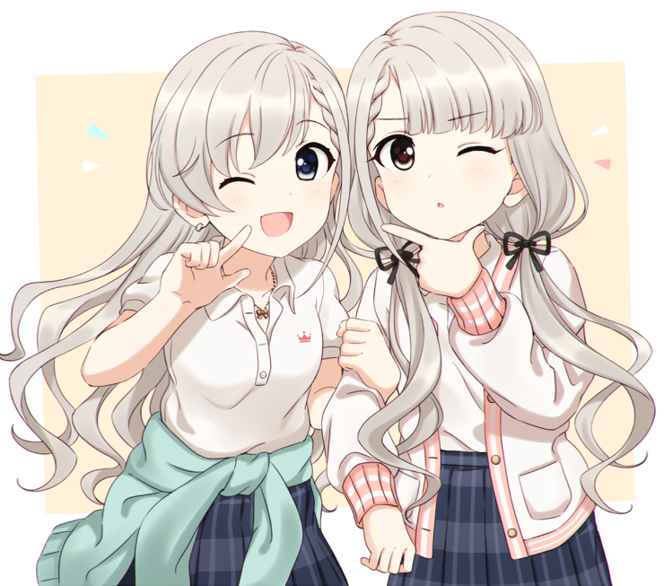 2girls, :<, :d, aqua_sweater, black_ribbon, blue_eyes, braid, braided_bangs