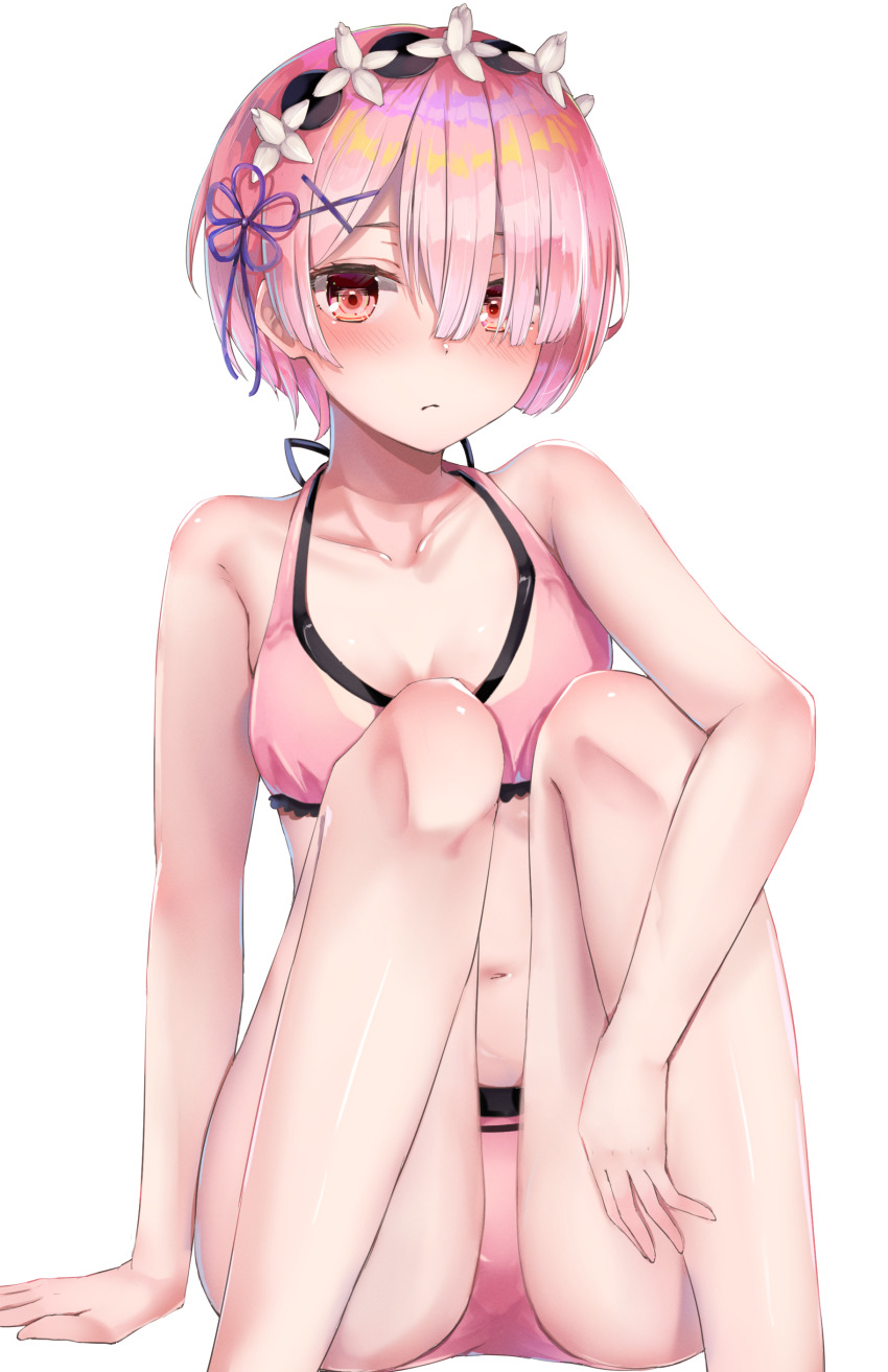 1girl, absurdres, arm_on_knee, ass, bikini, blush, breasts, cleavage