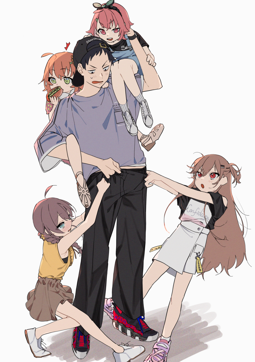 1boy, 4girls, :o, absurdres, aged_down, alternate_costume, annoyed, backwards_hat