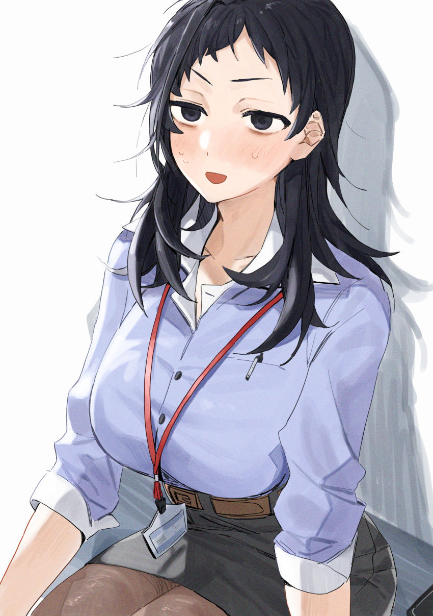 1girl, absurdres, bad_id, bad_pixiv_id, belt, black_eyes, black_hair, black_skirt