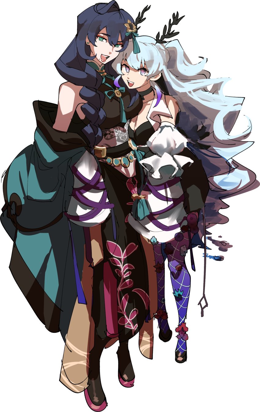 2girls, absurdres, antennae, black_hair, braid, breasts, cleavage, commentary