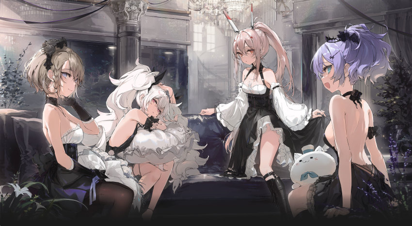 4girls, :d, archived_source, arm_scrunchie, ayanami_(azur_lane), ayanami_(nightfall_raiment)_(azur_lane), azur_lane, backless_dress