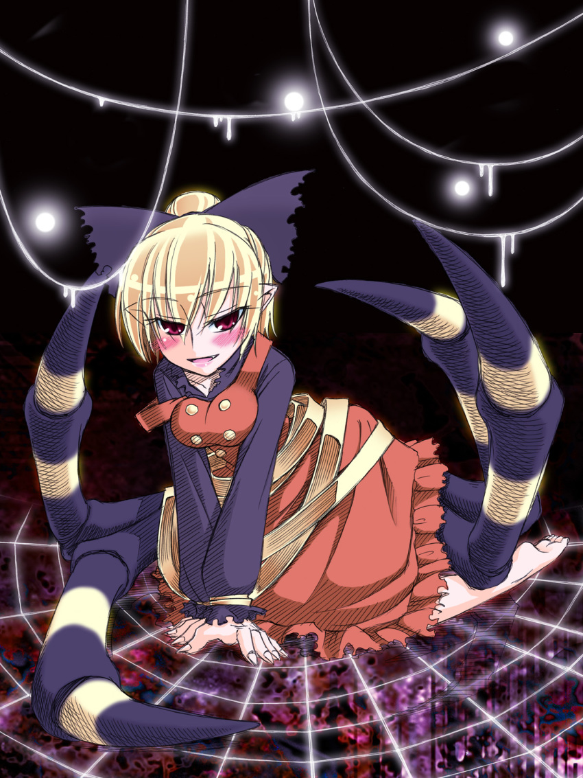 1girl, all_fours, bad_id, bad_pixiv_id, barefoot, blonde_hair, blush, bow