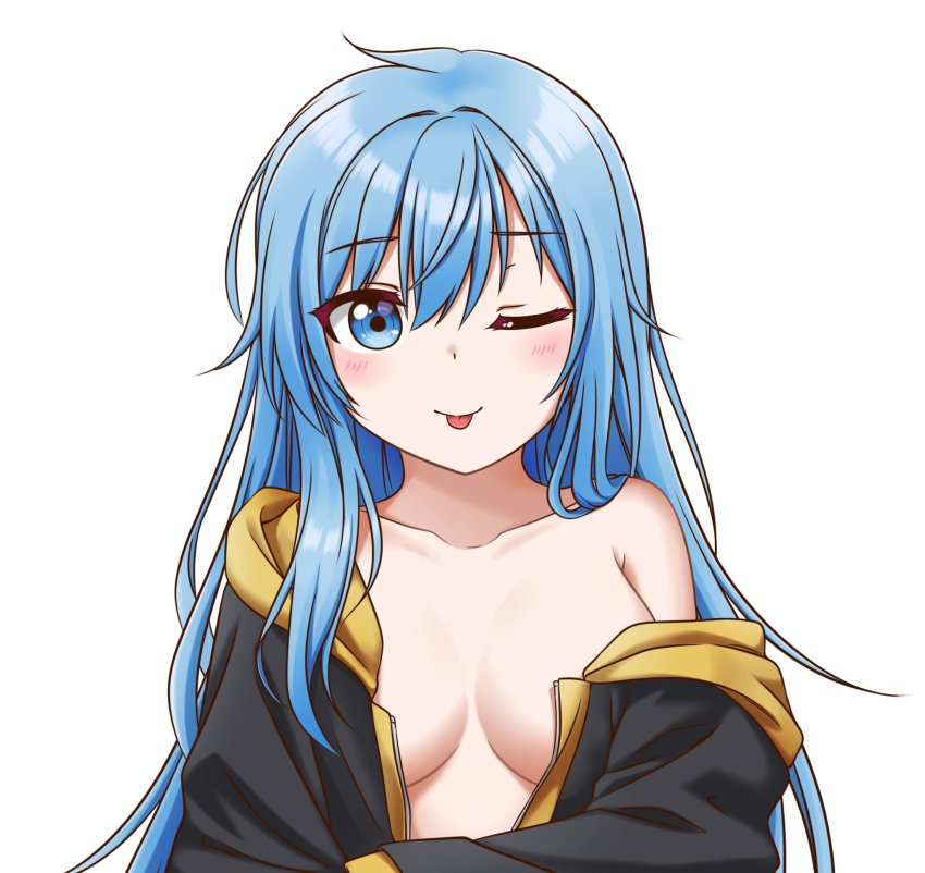 1girl, ;p, blue_eyes, blue_hair, blush, breasts, cleavage, elie_wayne