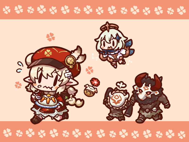 2girls, backpack, bag, bag_charm, bloomers, blush_stickers, boots, brown_footwear, brown_gloves, brown_scarf, charm_(object), chibi, clover_print, coat, dodoco_(genshin_impact), dress, eating, fleeing, floating, food, full_body, genshin_impact, gloves, hair_ornament, halo, hat, hilichurl_(genshin_impact), holding, holding_spoon, kirari_chito, klee_(genshin_impact), knee_boots, kneehighs, light_brown_hair, low_twintails, mechanical_halo, mitachurl_(genshin_impact), multiple_girls, newsboy_cap, paimon_(genshin_impact), plate, pointy_ears, randoseru, red_coat, red_headwear, romper, running, scarf, socks, spoon, twintails, underwear, v-shaped_eyebrows, white_dress, white_hair, white_romper