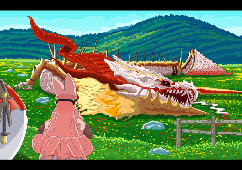 1girl, blue_sky, dragon, fate/grand_order, fate_(series), flower, grass, habetrot_(fate)