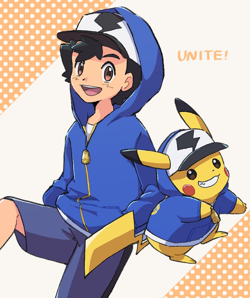 1boy, :d, ao_anpk, ash_ketchum, baseball_cap, black_hair, brown_eyes, clothed_pokemon
