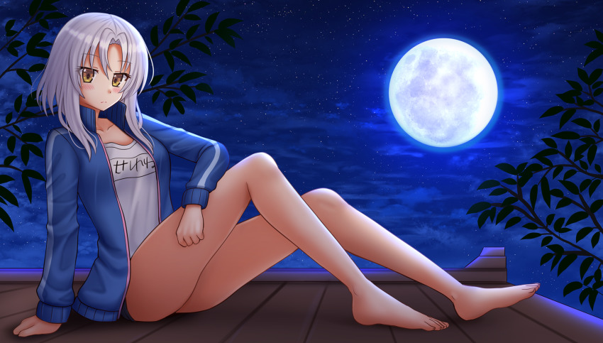 1girl, bare_legs, barefoot, blue_jacket, blush, breasts, brown_eyes, closed_mouth