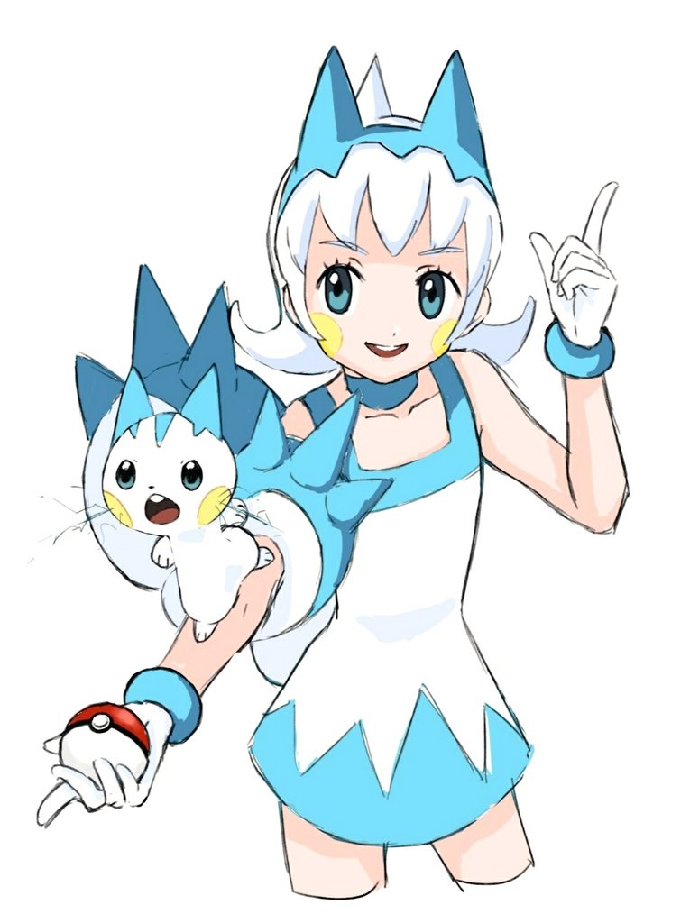 1girl, animal_ears, banana_jirou, blue_hairband, commentary_request, cowboy_shot, dress, eyelashes, facepaint, flipped_hair, gen_4_pokemon, gloves, green_eyes, hairband, hand_up, holding, holding_poke_ball, index_finger_raised, long_hair, nintendo, open_mouth, pachirisu, poke_ball, poke_ball_(basic), pokemon, pokemon_(creature), pokemon_battle_revolution, simple_background, sketch, sleeveless, sleeveless_dress, smile, taylor_(pokemon), teeth, tongue, two-tone_dress, upper_teeth_only, white_background, white_dress, white_gloves, white_hair