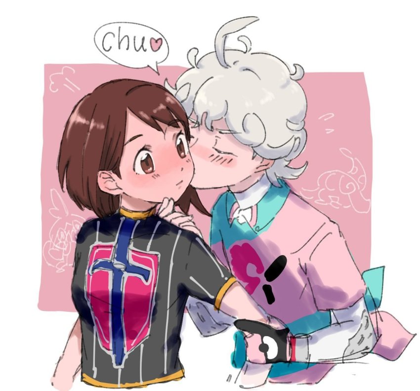 1boy, 1girl, ahoge, arm_grab, banana_jirou, bede_(pokemon), blonde_hair, blush, champion_uniform, closed_eyes, closed_mouth, collared_shirt, commentary, curly_hair, dynamax_band, gen_8_pokemon, gloria_(pokemon), gloves, hand_up, hatenna, hetero, highres, kiss, nintendo, pink_shirt, pokemon, pokemon_sword_and_shield, puff_of_air, shirt, short_sleeves, single_glove, sketch, sobble, tied_shirt, upper_body