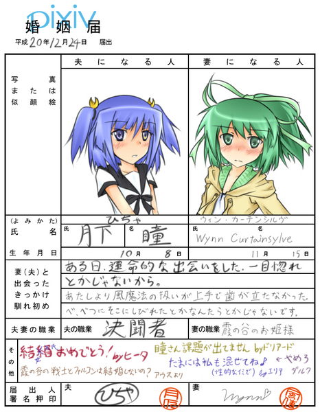 2girls, blue_eyes, blue_hair, blush, dance_princess_of_the_ice_barrier, duel_monster, green_eyes, green_hair