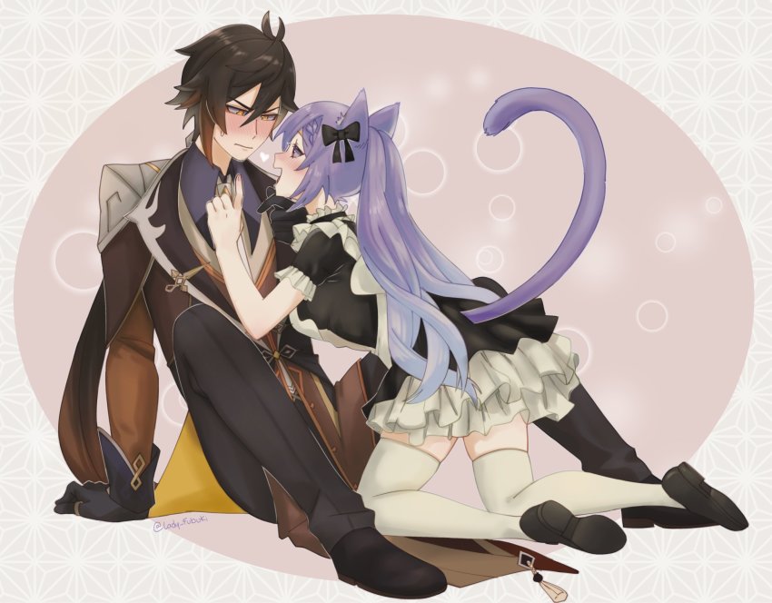 1boy, 1girl, alternate_costume, animal_ears, antenna_hair, apron, black_gloves, blush