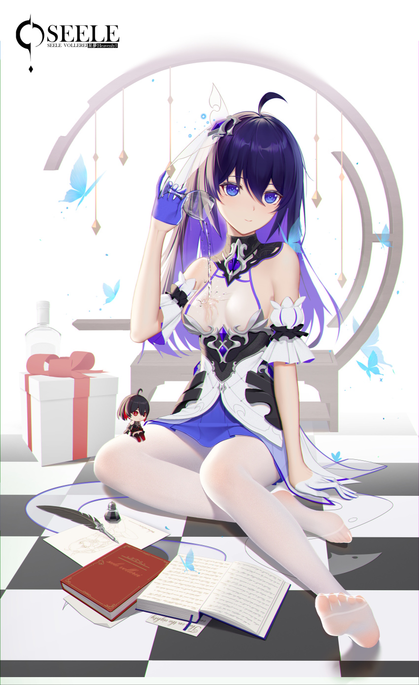 1girl, absurdres, alcohol, alternate_costume, alternate_hair_color, antenna_hair, blue_butterfly, bug