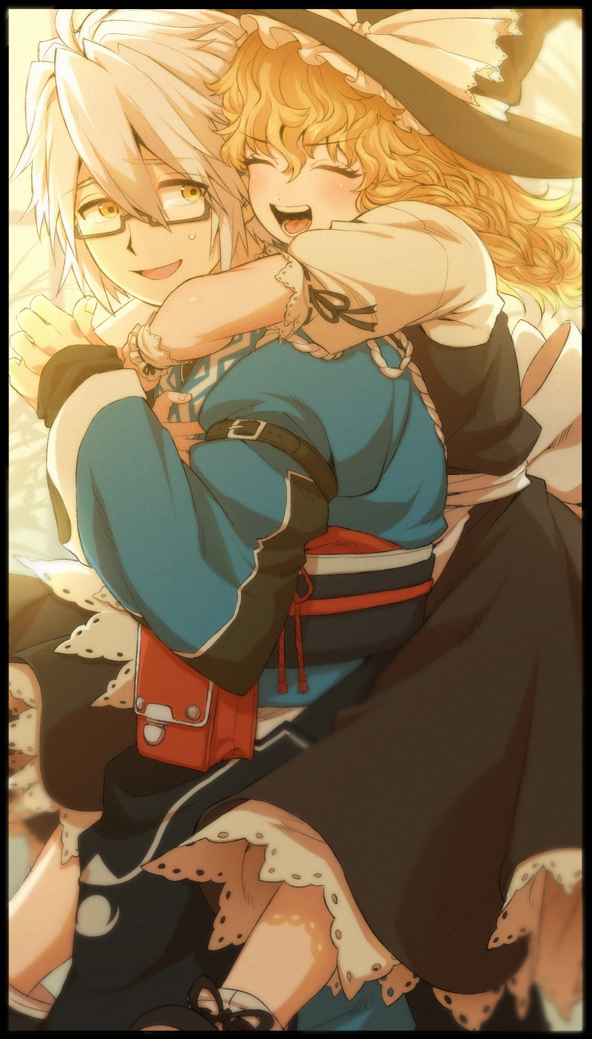 1boy, 1girl, absurdres, apron, bag, belt, black_belt, black_bow