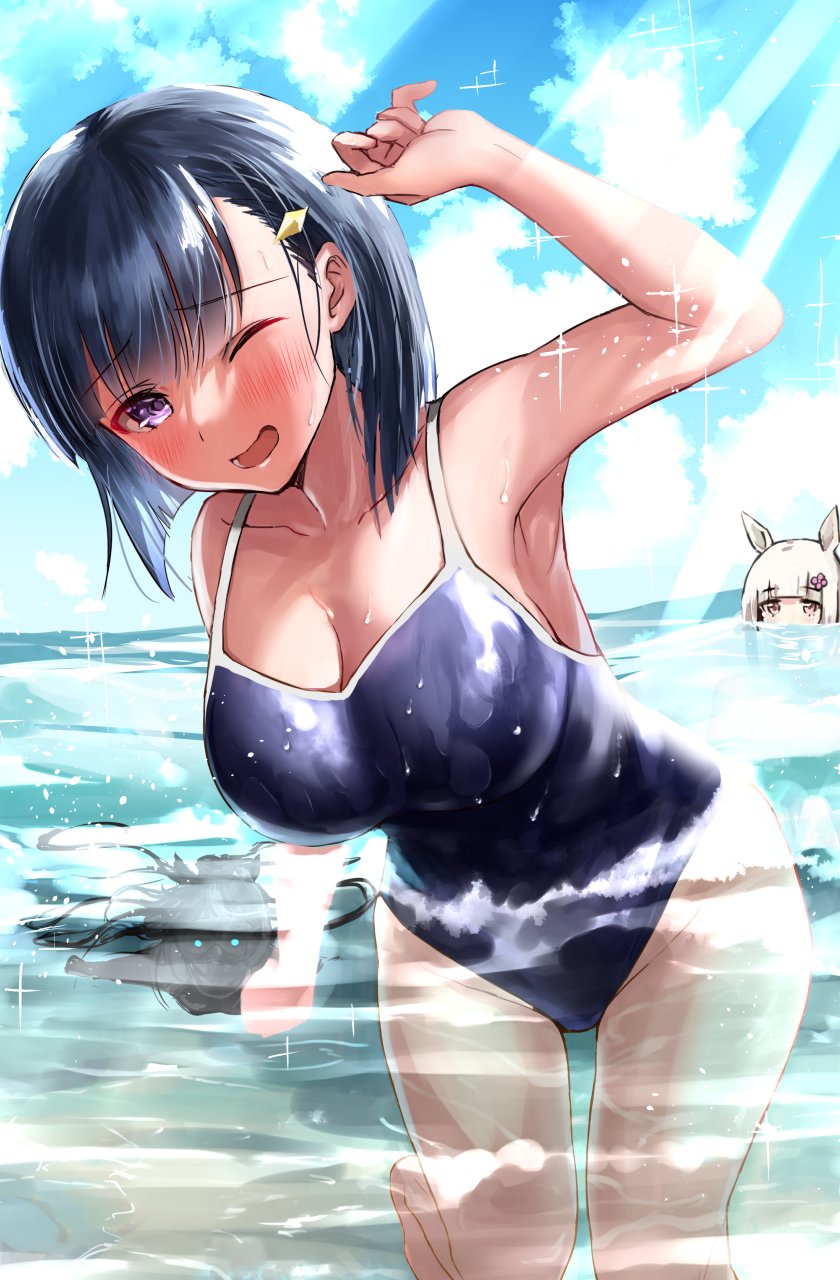2girls, black_hair, blue_eyes, blue_one-piece_swimsuit, blue_sky, breasts, cloud, commentary_request