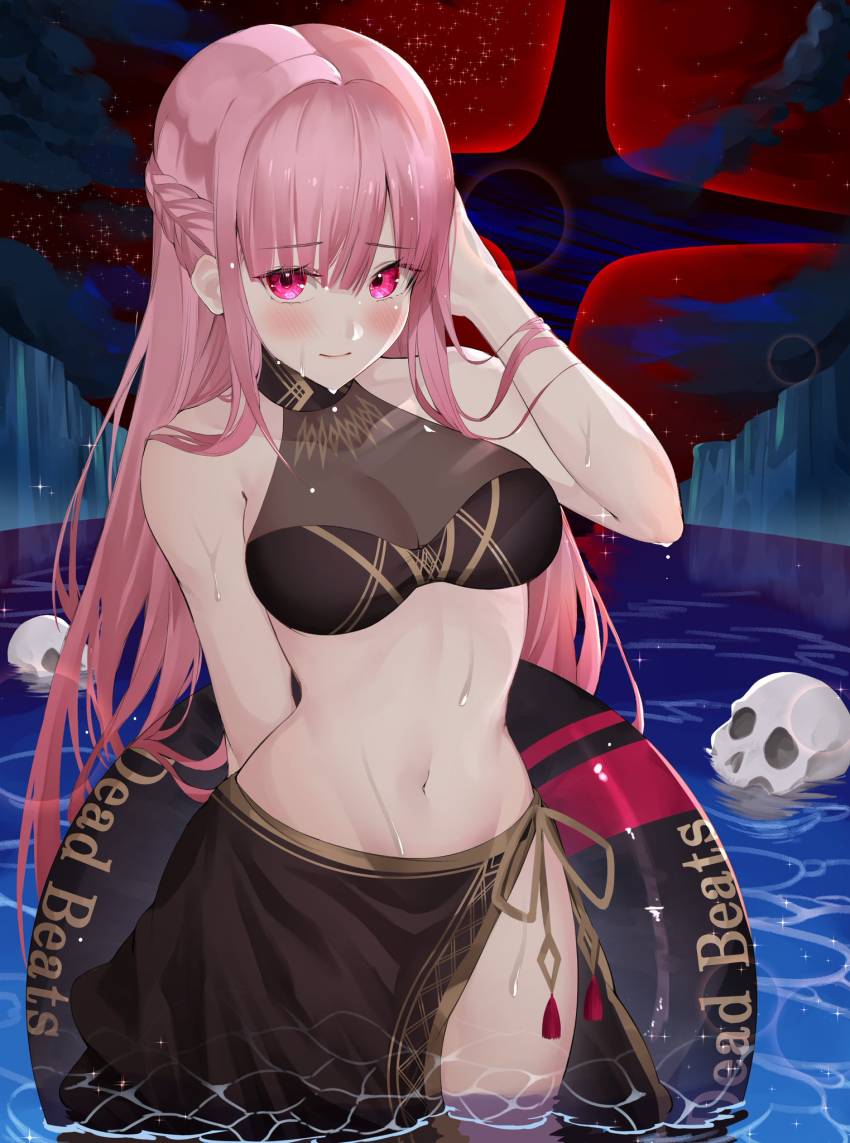 1girl, arm_behind_back, arm_behind_head, bikini, black_bikini, black_skirt, blush, braid