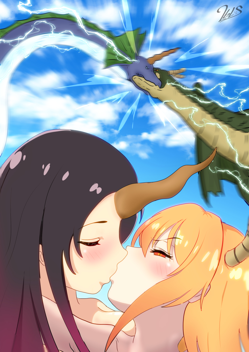 2bls, 2girls, absurdres, closed_eyes, dragon_girl, dragon_horns, elma_(dragon)_(maidragon), elma_(maidragon), half-closed_eyes, highres, horns, kiss, kobayashi-san_chi_no_maidragon, multiple_girls, tohru_(dragon)_(maidragon), tohru_(maidragon), yuri