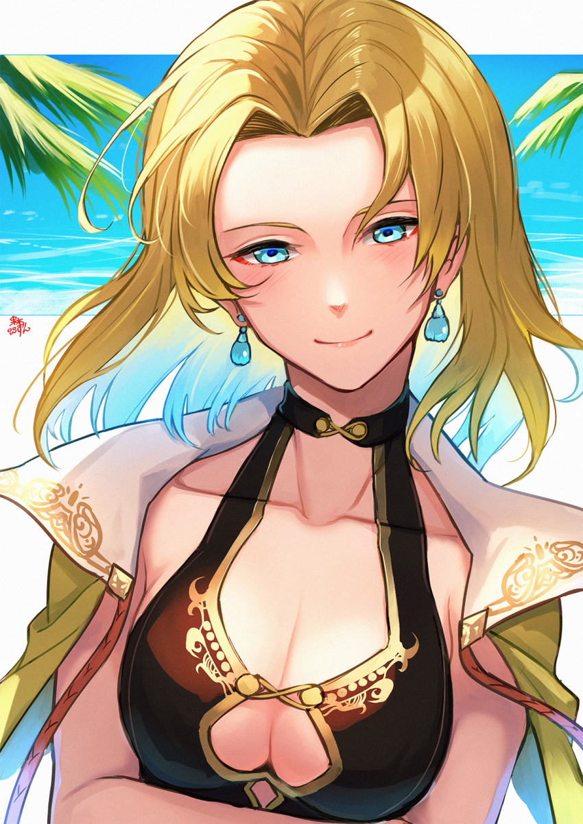 1girl, beach, blonde_hair, blue_eyes, blue_hair, breasts, cleavage, closed_mouth