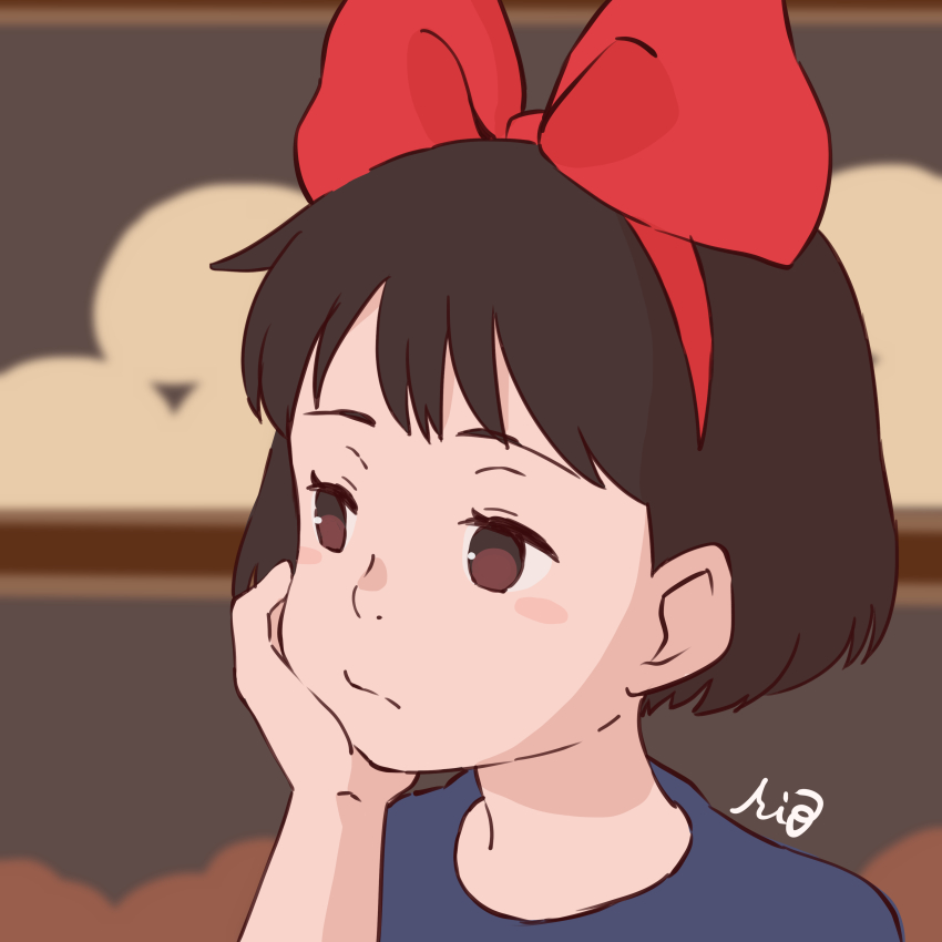 1girl, absurdres, artist_name, black_dress, black_hair, blurry, blurry_background, blush_stickers, bob_cut, bored, bow, bread, brown_eyes, closed_mouth, commentary, dress, expressionless, eyelashes, food, hair_bow, hairband, hand_on_own_cheek, hand_on_own_face, highres, kiki_(majo_no_takkyuubin), looking_ahead, majo_no_takkyuubin, portrait, red_bow, red_hairband, rio30, shelf, short_hair, signature, solo, staring, studio_ghibli