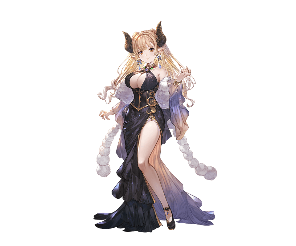1girl, alba_(granblue_fantasy), bare_shoulders, black_dress, blonde_hair, breasts, bug, butterfly, butterfly_earrings, corset, draph, dress, earrings, gem, gold_trim, granblue_fantasy, high_heels, horns, insect, jewelry, large_breasts, long_hair, minaba_hideo, necklace, official_art, orange_eyes, pale_skin, pointy_ears, ring, simple_background, thighs, very_long_hair, wristband