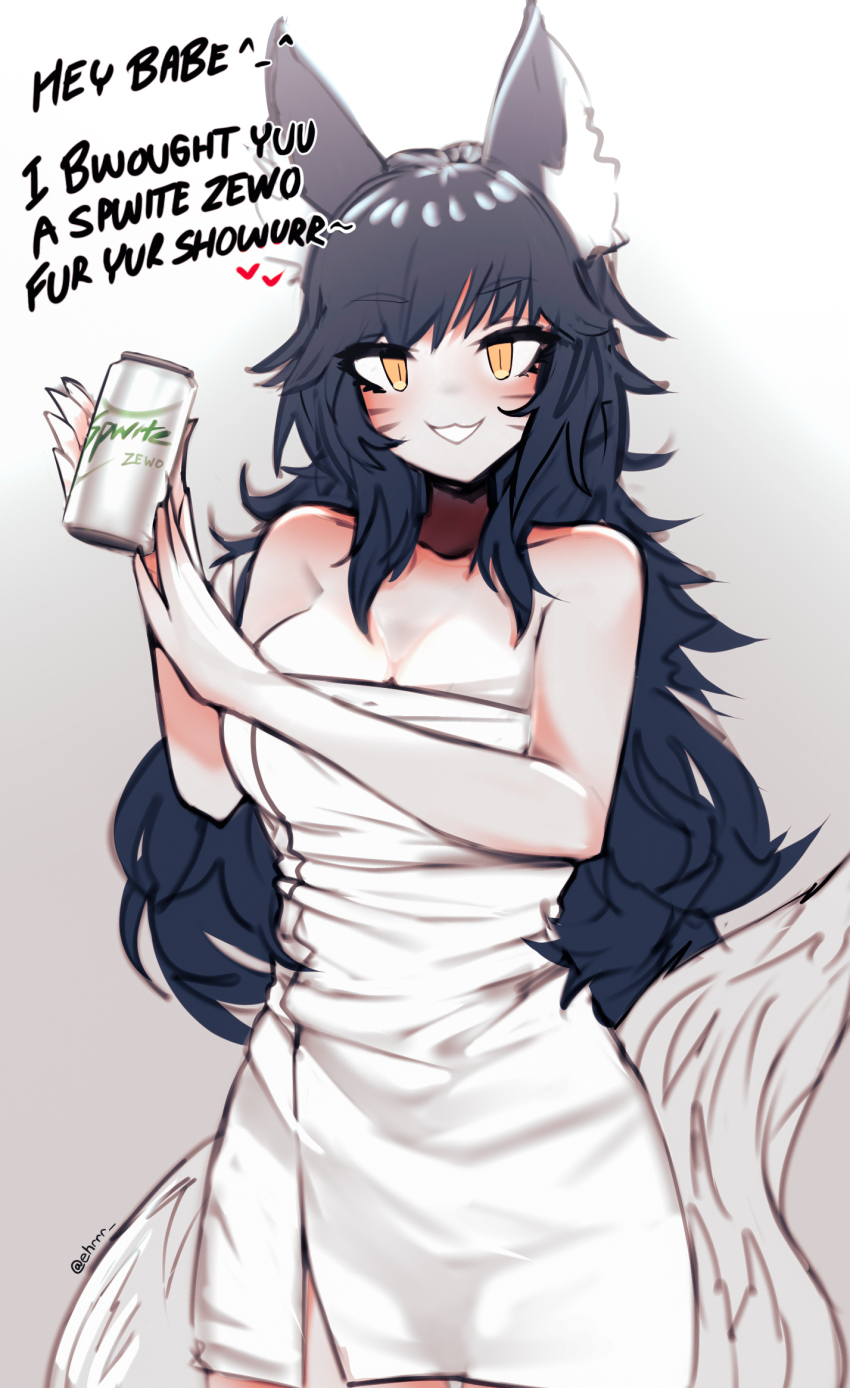 1girl, ahri_(league_of_legends), animal_ear_fluff, animal_ears, bare_shoulders, black_hair, can, drink_can, ehrrr, english_text, highres, league_of_legends, long_hair, looking_at_viewer, naked_towel, simple_background, soda, soda_can, solo, sprite_(drink), tail, towel, yellow_eyes