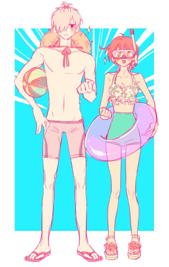 :d, ae-3803, ahoge, aqua_background, aqua_bikini, bikini, blush, blush_stickers