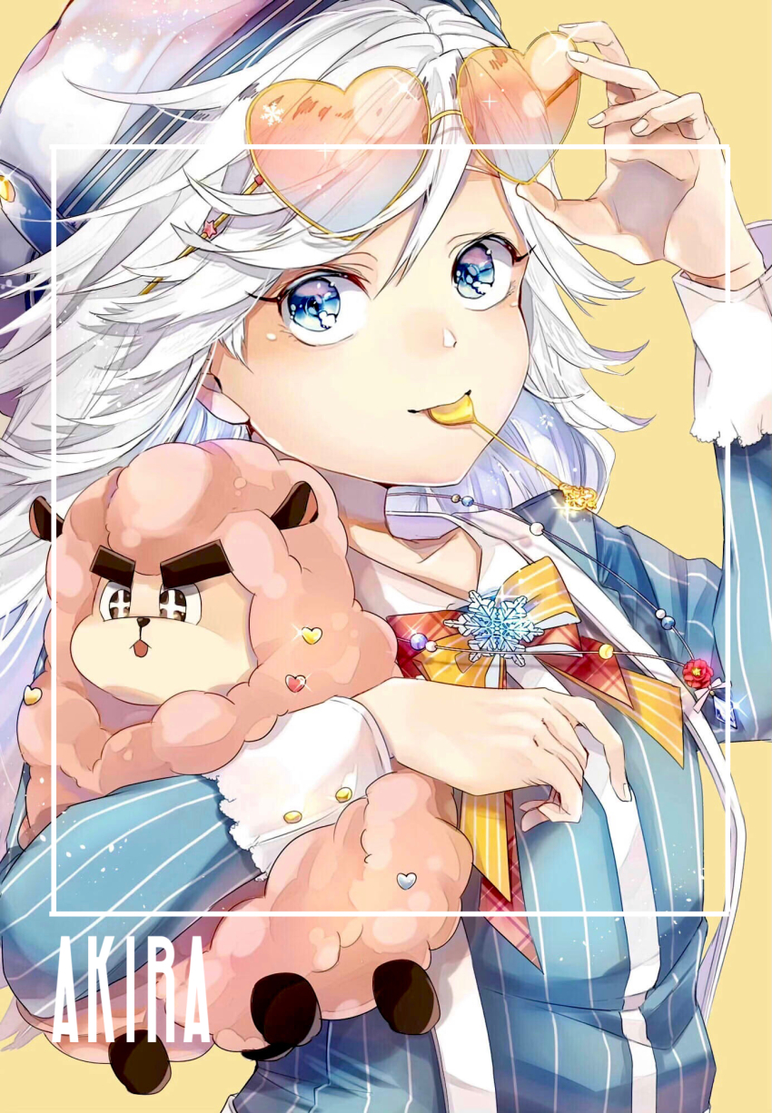 1boy, iwakiyamayukisatoshironanogojuurokushi_akira, blue_eyes, blue_shirt, character_name, eyewear_on_head, glasses, hat