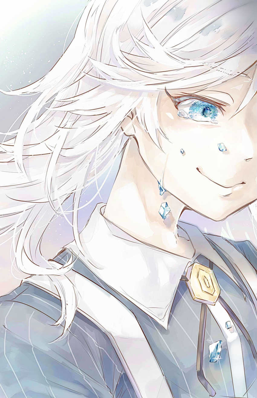 1boy, alternate_body_fluid, blue_eyes, blue_shirt, closed_mouth, highres, ice, iwakiyamayukisatoshironanogojuurokushi_akira