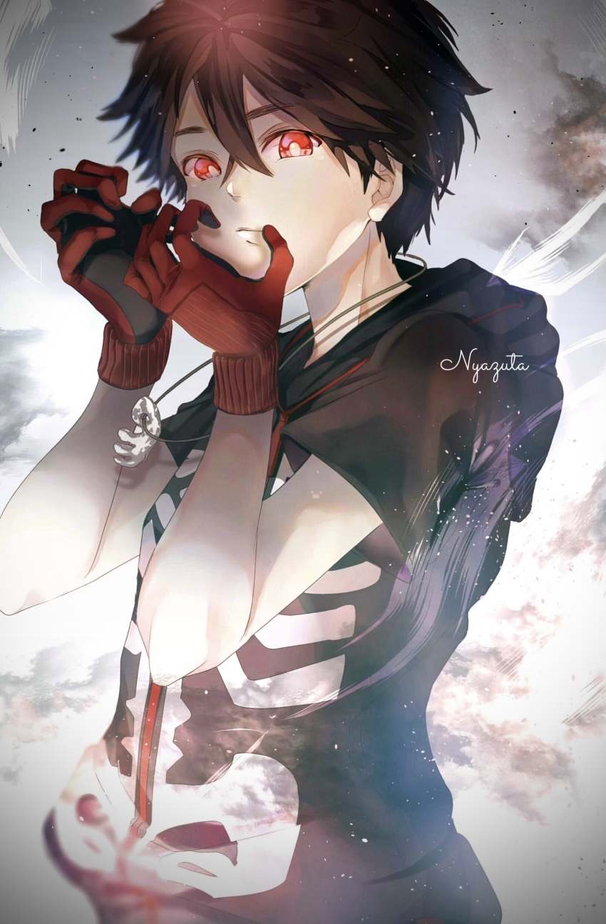 1boy, absurdres, artist_name, black_shirt, gloves, highres, kemono_jihen, kusaka_kabane, male_focus, nyazuta, red_eyes, shirt, short_hair, short_sleeves, skeleton_print, solo, upper_body