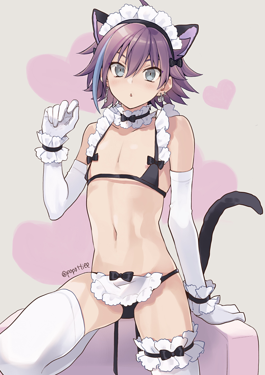 1boy, animal_ears, arm_support, bikini, black_bikini, black_bow, bow, cat_boy, cat_ears, cat_tail, collarbone, commentary_request, crossdressing, crossdressing_(mtf), earrings, elbow_gloves, frilled_thighhighs, frills, gloves, grey_background, grey_eyes, hair_between_eyes, hand_up, heart, highres, hiiragi_jun, jewelry, lock, lock_earrings, looking_at_viewer, maid, maid_headdress, male_focus, male_maid, micro_bikini, my_melody_(series), nipple_slip, nipples, parted_lips, potti-p, purple_hair, sanrio, short_hair, simple_background, solo, stomach, swimsuit, tail, thighhighs, trap, twitter_username, white_gloves, white_thighhighs